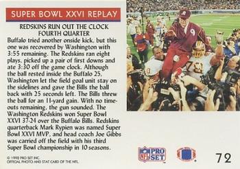 1992 Pro Set #72 Super Bowl XXVI Replay Back
