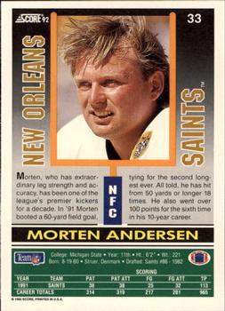 1992 Score #33 Morten Andersen Back