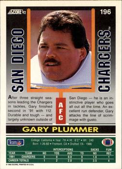 1992 Score #196 Gary Plummer Back