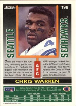1992 Score #198 Chris Warren Back