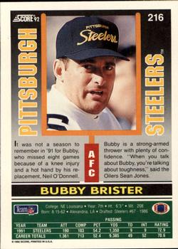 1992 Score #216 Bubby Brister Back