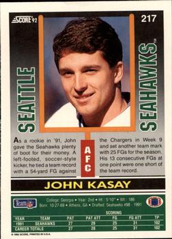 1992 Score #217 John Kasay Back