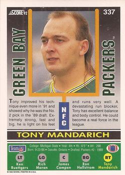 1992 Score #337 Tony Mandarich Back