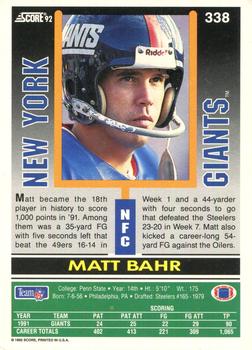 1992 Score #338 Matt Bahr Back
