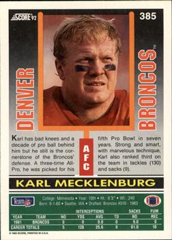 1992 Score #385 Karl Mecklenburg Back