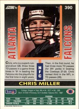 1992 Score #390 Chris Miller Back