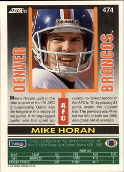 1992 Score #474 Mike Horan Back
