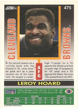 1992 Score #475 Leroy Hoard Back