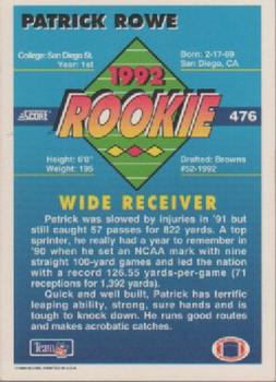 1992 Score #476 Patrick Rowe Back