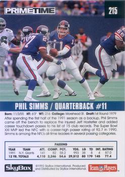 1992 SkyBox Prime Time #215 Phil Simms Back