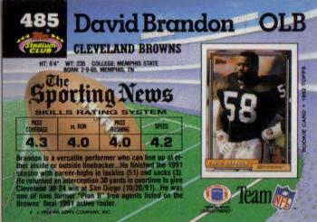 1992 Stadium Club #485 David Brandon Back