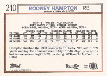 1992 Topps #210 Rodney Hampton Back