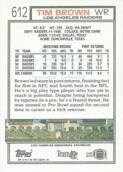 1992 Topps #612 Tim Brown Back