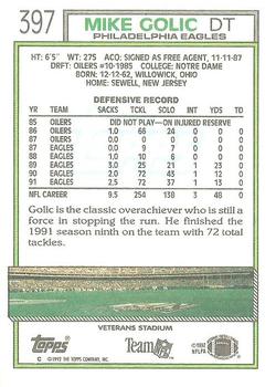 1992 Topps #397 Mike Golic Back