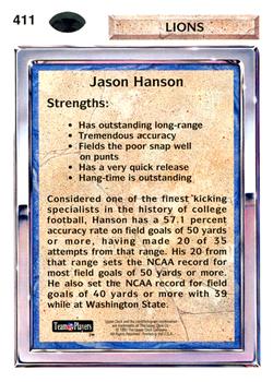 1992 Upper Deck #411 Jason Hanson Back