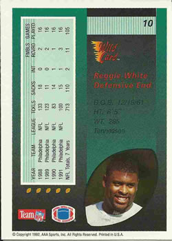 1992 Wild Card #10 Reggie White Back