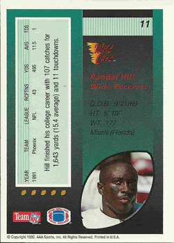 1992 Wild Card #11 Randal Hill Back