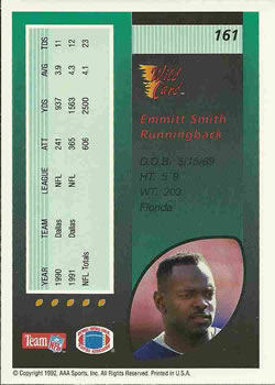 1992 Wild Card #161 Emmitt Smith Back