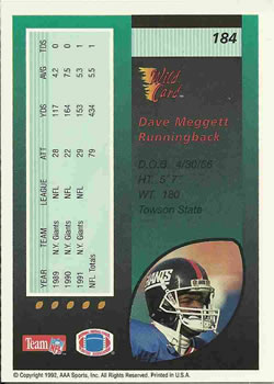 1992 Wild Card #184 Dave Meggett Back