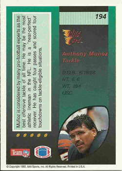 1992 Wild Card #194 Anthony Munoz Back