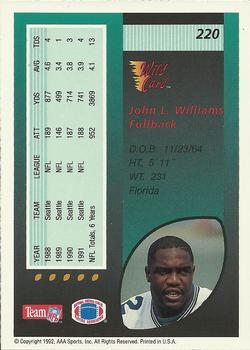 1992 Wild Card #220 John L. Williams Back