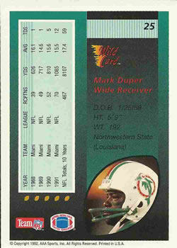 1992 Wild Card #25 Mark Duper Back