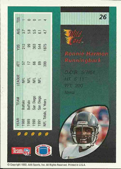 1992 Wild Card #26 Ronnie Harmon Back