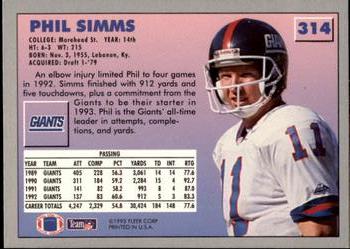 1993 Fleer #314 Phil Simms Back