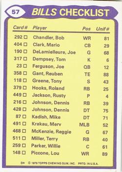 1979 Topps - Checklist Sheet Singles #57 Bills Team Leaders Back