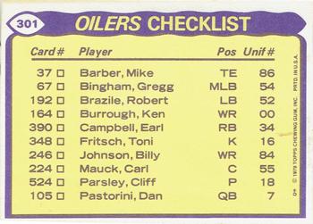 1979 Topps - Checklist Sheet Singles #301 Oilers Team Leaders Back