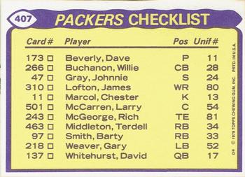1979 Topps - Checklist Sheet Singles #407 Packers Team Leaders Back