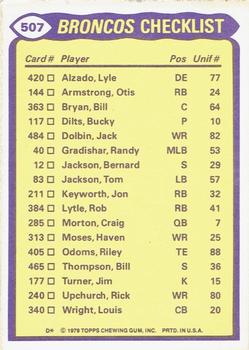 1979 Topps - Checklist Sheet Singles #507 Broncos Team Leaders Back