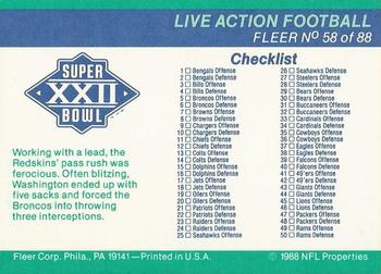 1988 Fleer Team Action #58 Super Bowl XXII / Checklist Back