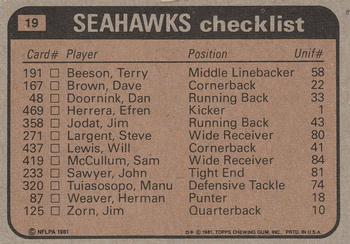 1981 Topps - Team Checklists #19 Jim Jodat / Steve Largent / Dave Brown / John Harris / Jacob Green Back