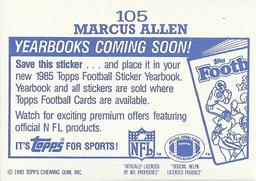 1985 Topps - Yearbooks Coming Soon Stickers #105 Marcus Allen Back