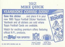 1985 Topps - Yearbooks Coming Soon Stickers #192 Mike Quick Back