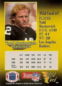 1991 Wild Card - 5 Stripe #147 Todd Marinovich Back