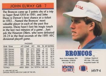 1992 Pro Set - Gold MVPs #MVP4 John Elway Back