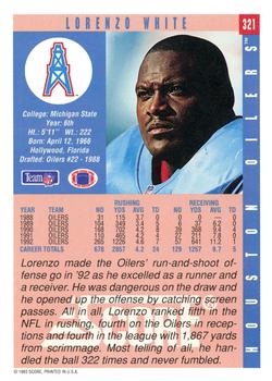 1993 Score #321 Lorenzo White Back