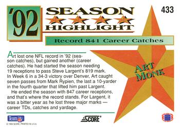 1993 Score #433 Art Monk Back