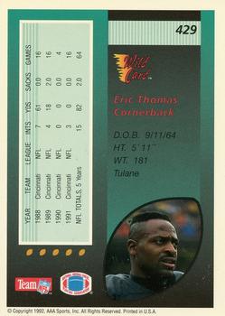 1992 Wild Card - 100 Stripe #429 Eric Thomas Back