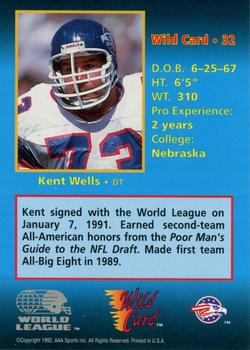 1992 Wild Card WLAF #32 Kent Wells Back
