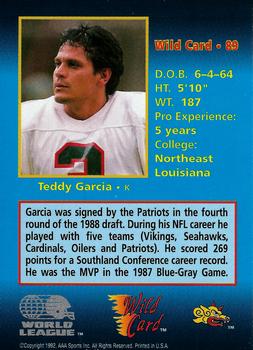 1992 Wild Card WLAF #89 Teddy Garcia Back