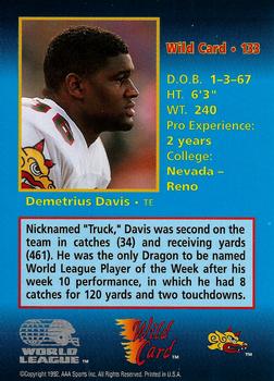 1992 Wild Card WLAF #133 Demetrius Davis Back