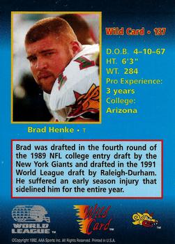 1992 Wild Card WLAF #137 Brad Henke Back