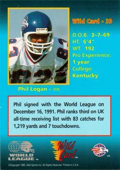 1992 Wild Card WLAF - 10 Stripe #33 Phil Logan Back