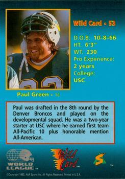 1992 Wild Card WLAF - 10 Stripe #53 Paul Green Back
