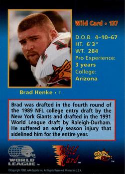 1992 Wild Card WLAF - 10 Stripe #137 Brad Henke Back