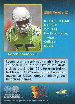 1992 Wild Card WLAF - 20 Stripe #63 Rocen Keeton Back