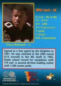 1992 Wild Card WLAF - 5 Stripe #25 Cisco Richard Back